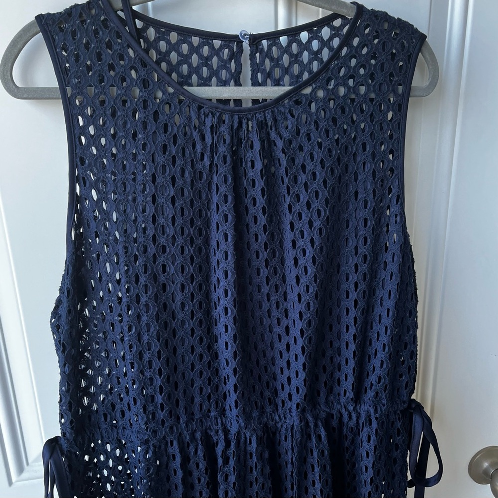 Chico’s Navy Sleeveless Eyelet Midi Dress Slip Liner Waist Tie Size 3 = 16 - Picture 2 of 11